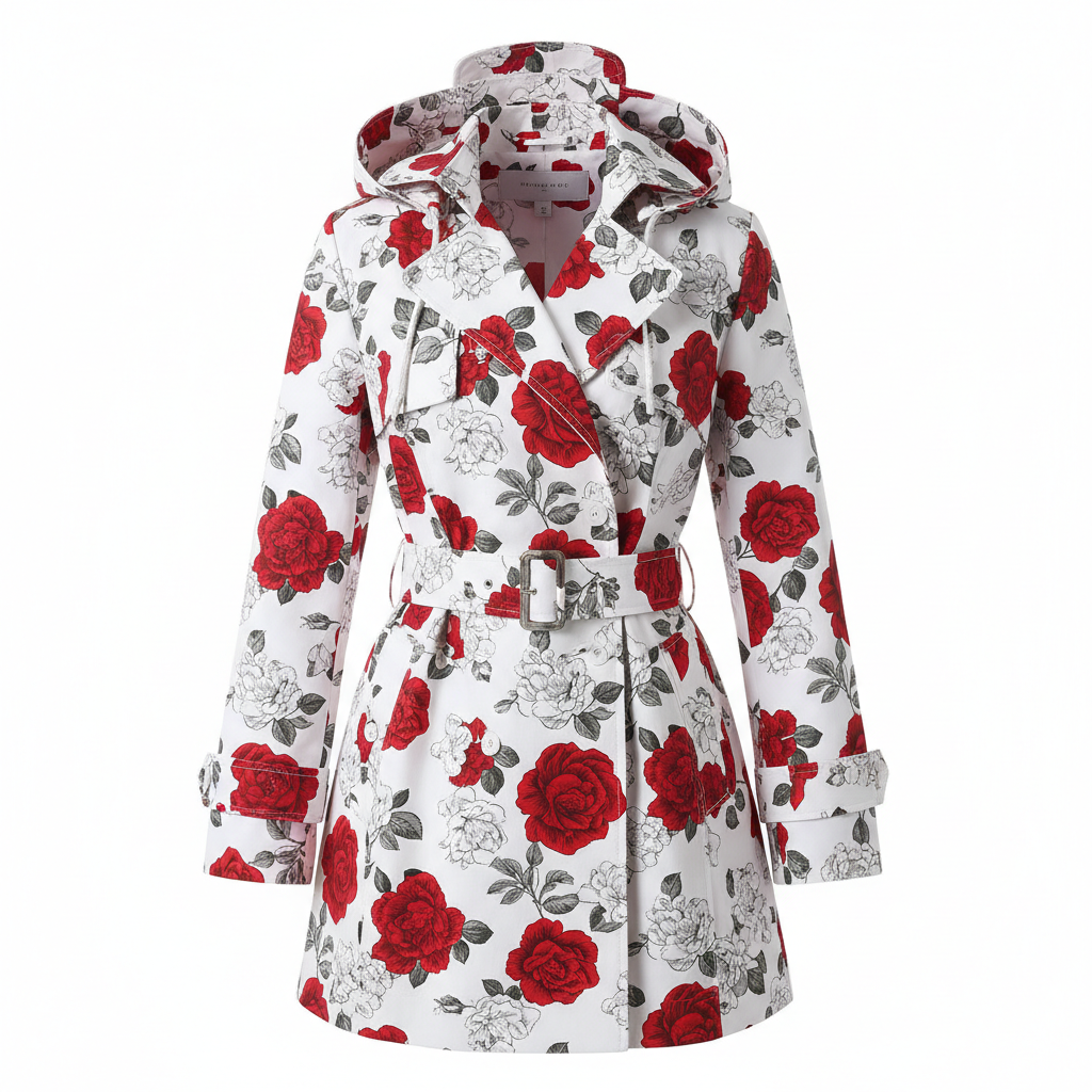 Trench Court à Capuche Blanc Motif Fleurs Rouge et Blanc Mia Moda 1998